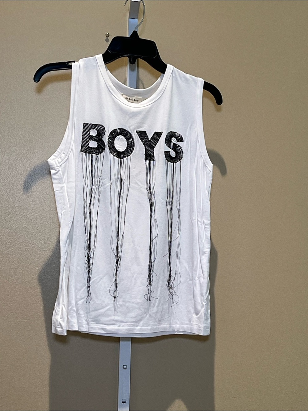 Nicole Miller Runway White Graphic 'BOYS' Muscle Tank Top